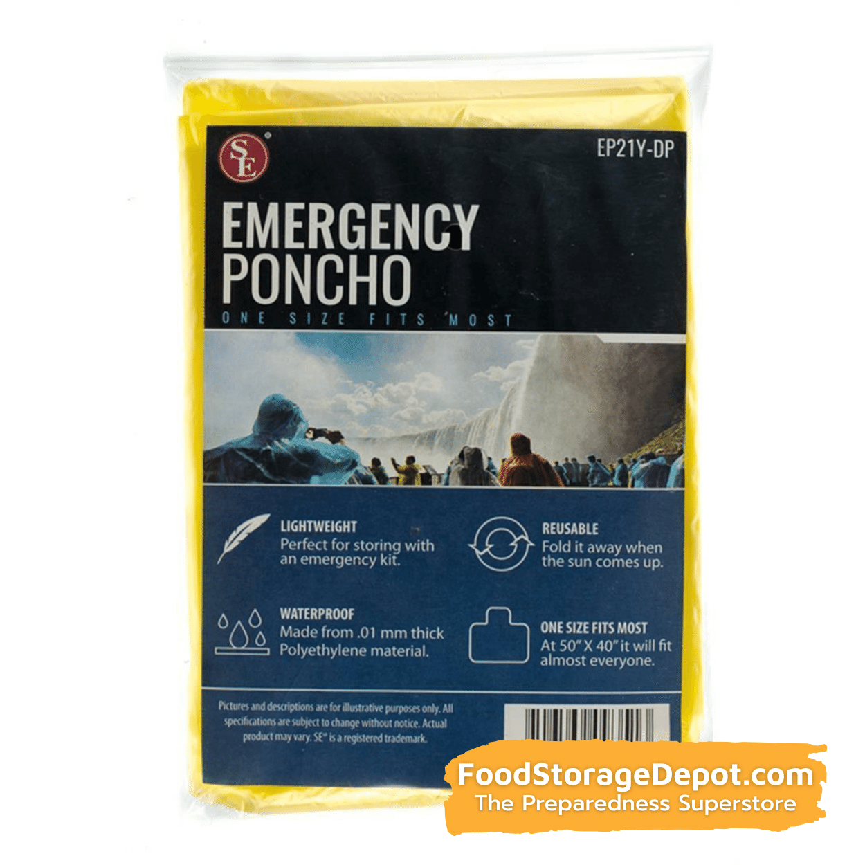 Lightweight Single-Use Emergency Poncho - Yellow (One Size Fits Most)