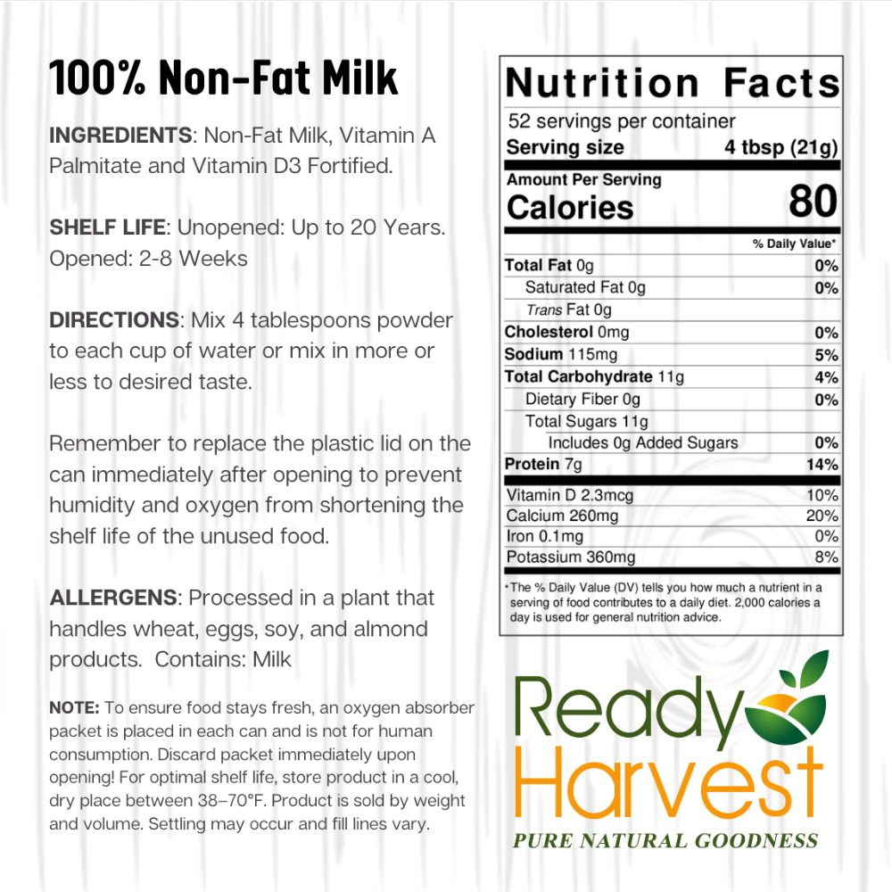 Ready Harvest 100% REAL Instant Non-Fat Milk (20-Year Shelf Life!)