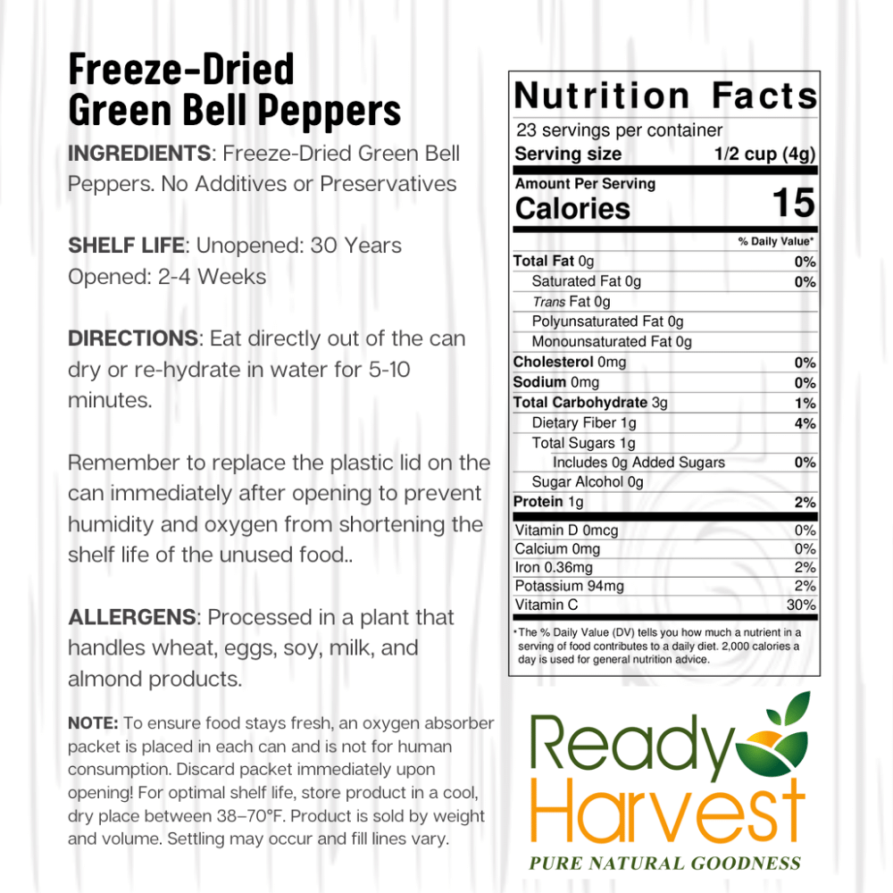 Ready Harvest Freeze-Dried Green Peppers (30-Year Shelf Life!)