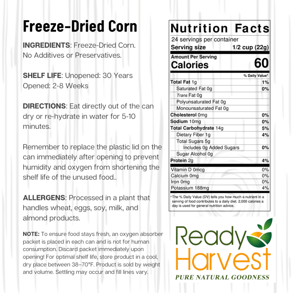 Ready Harvest Freeze-Dried Sweet Corn (30-Year Shelf Life!)