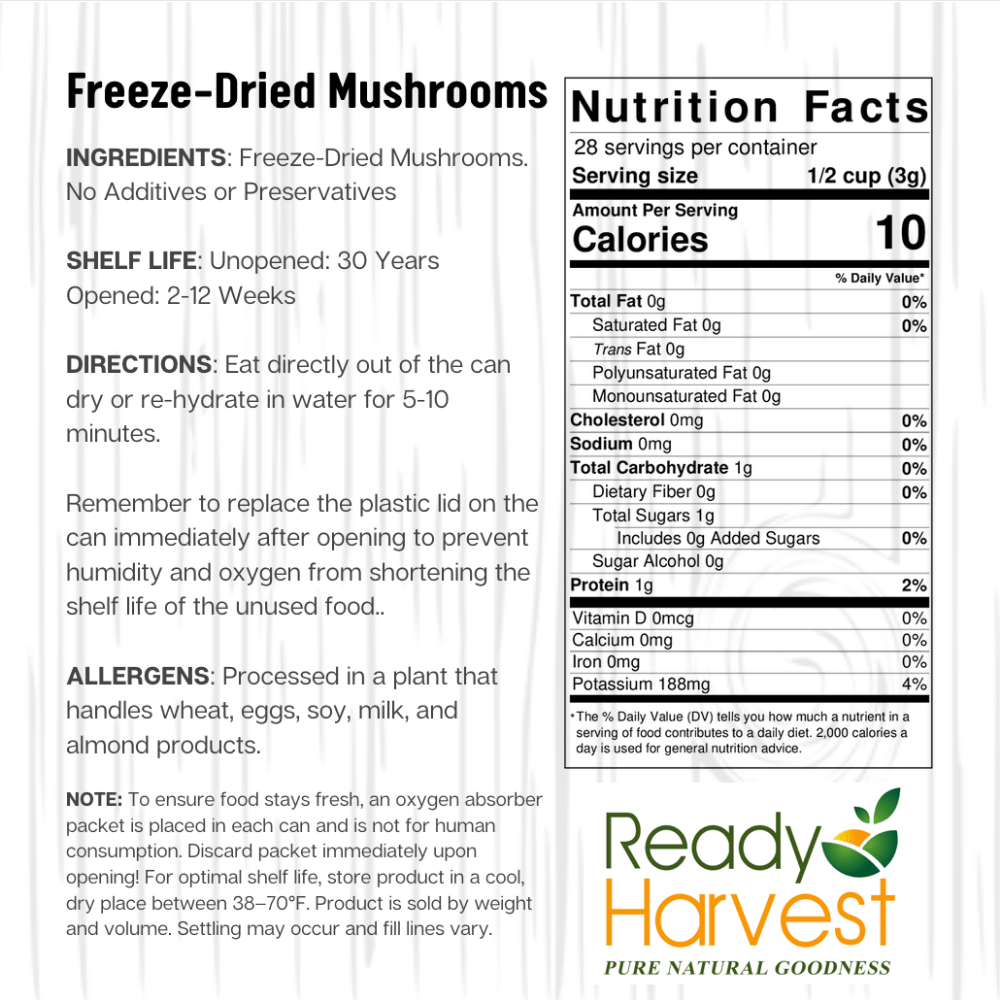 Ready Harvest Freeze-Dried Mushroom Slices (30-Year Shelf Life!)