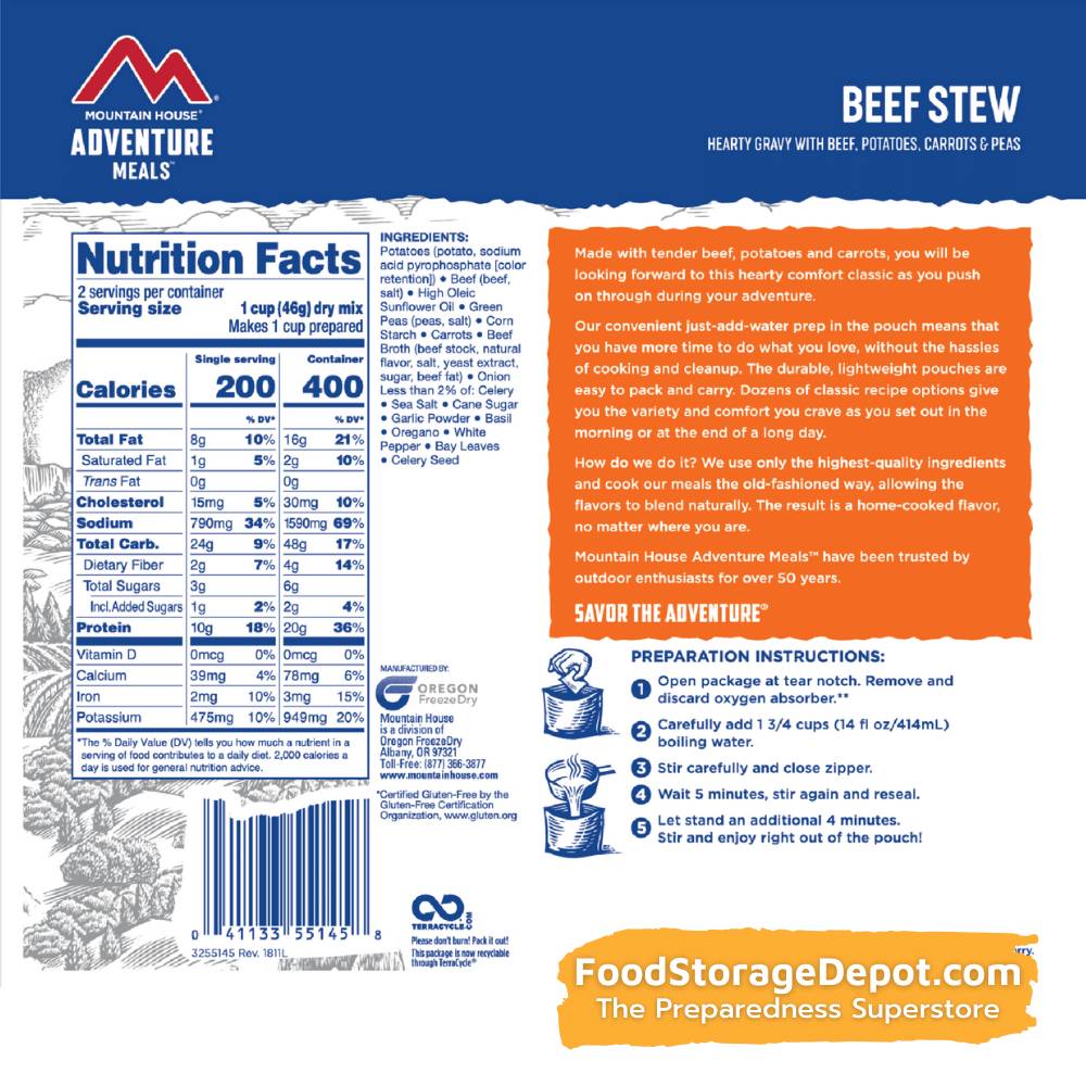 Freeze-Dried Beef Stew Pouch - Mountain House (GF) Gluten Free