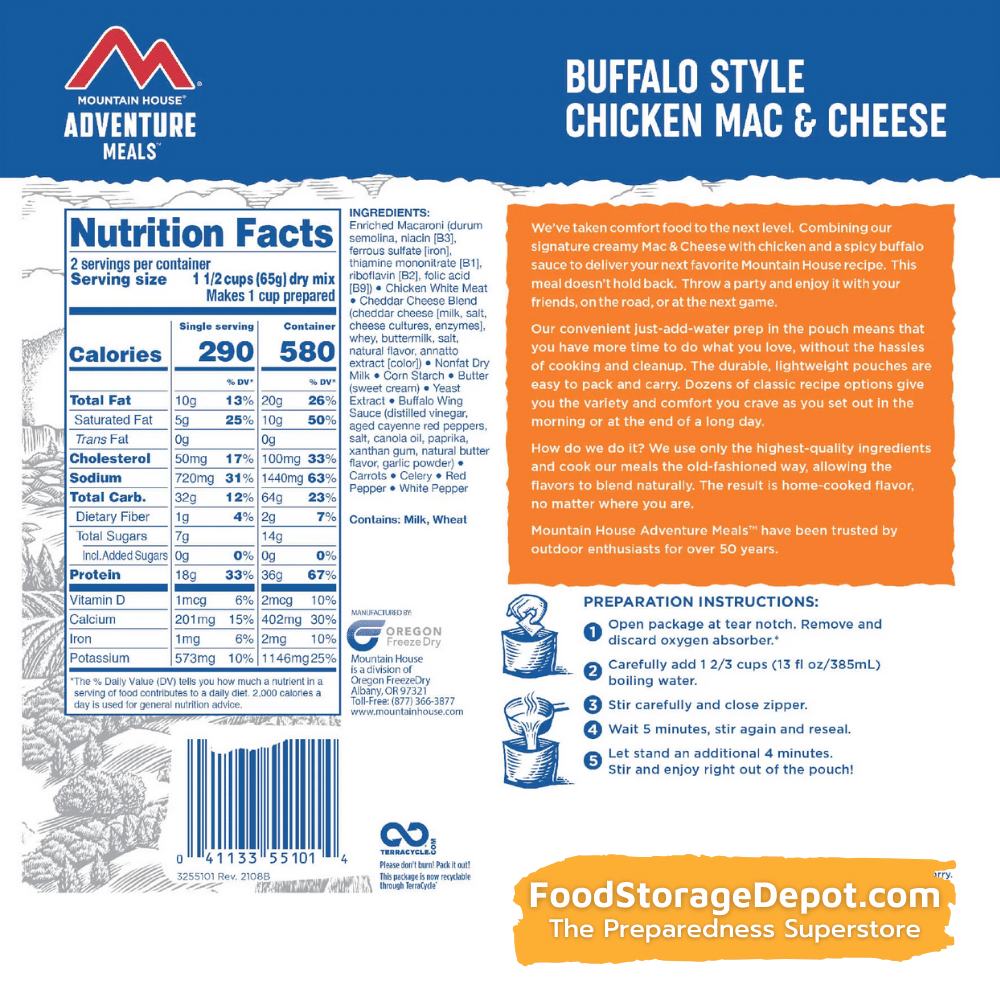 Freeze-Dried Buffalo Style Chicken Mac and Cheese Pouch (30-Year Shelf Life)