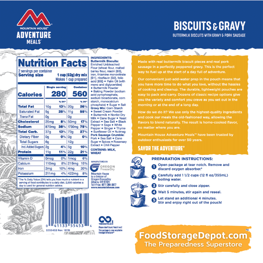 Freeze-Dried Biscuits and Gravy Pouch - Mountain House