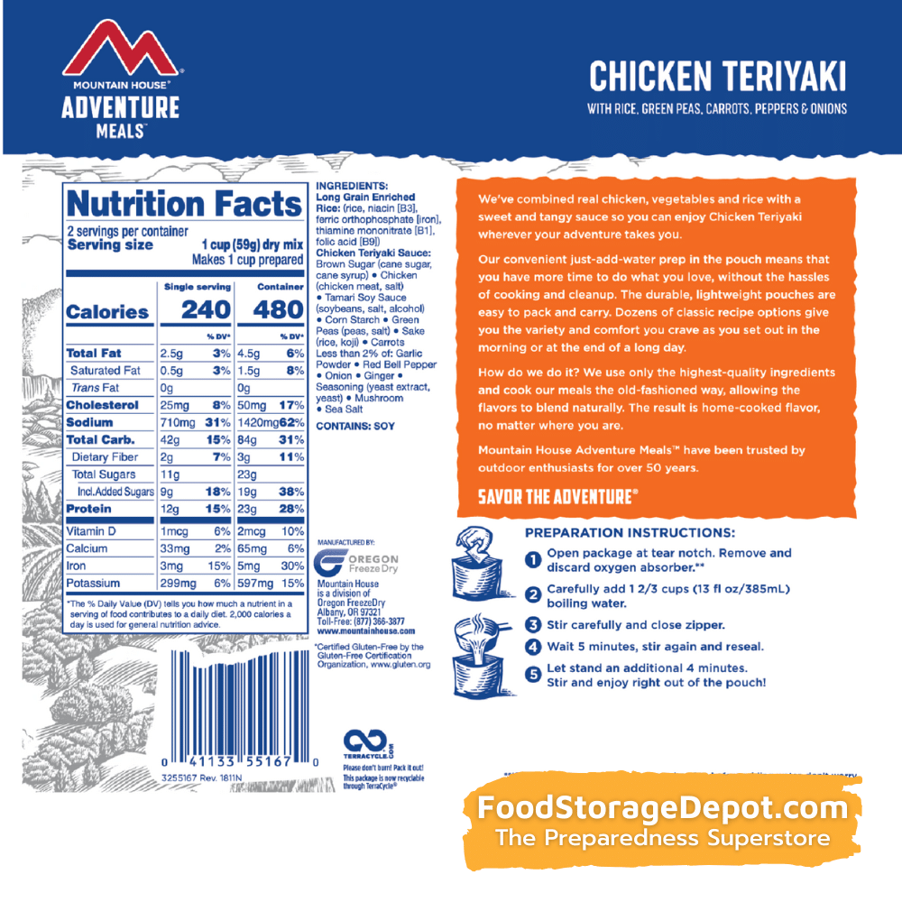 Freeze-Dried Chicken Teriyaki with Rice Pouch - Mountain House (GF) Gluten Free