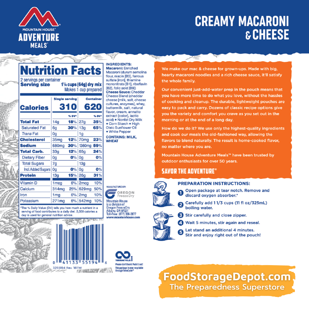 Freeze-Dried Creamy Macaroni and Cheese Pouch - Mountain House