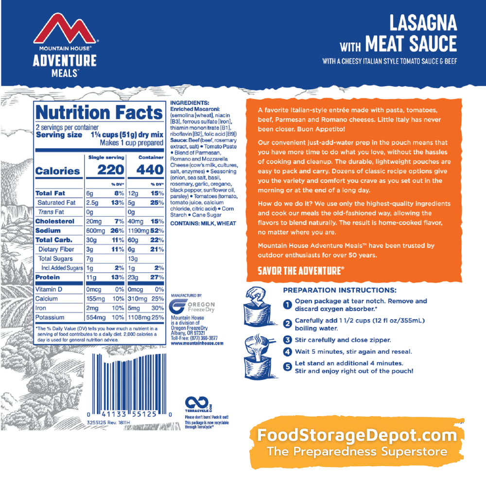 Freeze-Dried Lasagna with Meat Sauce Pouch - Mountain House