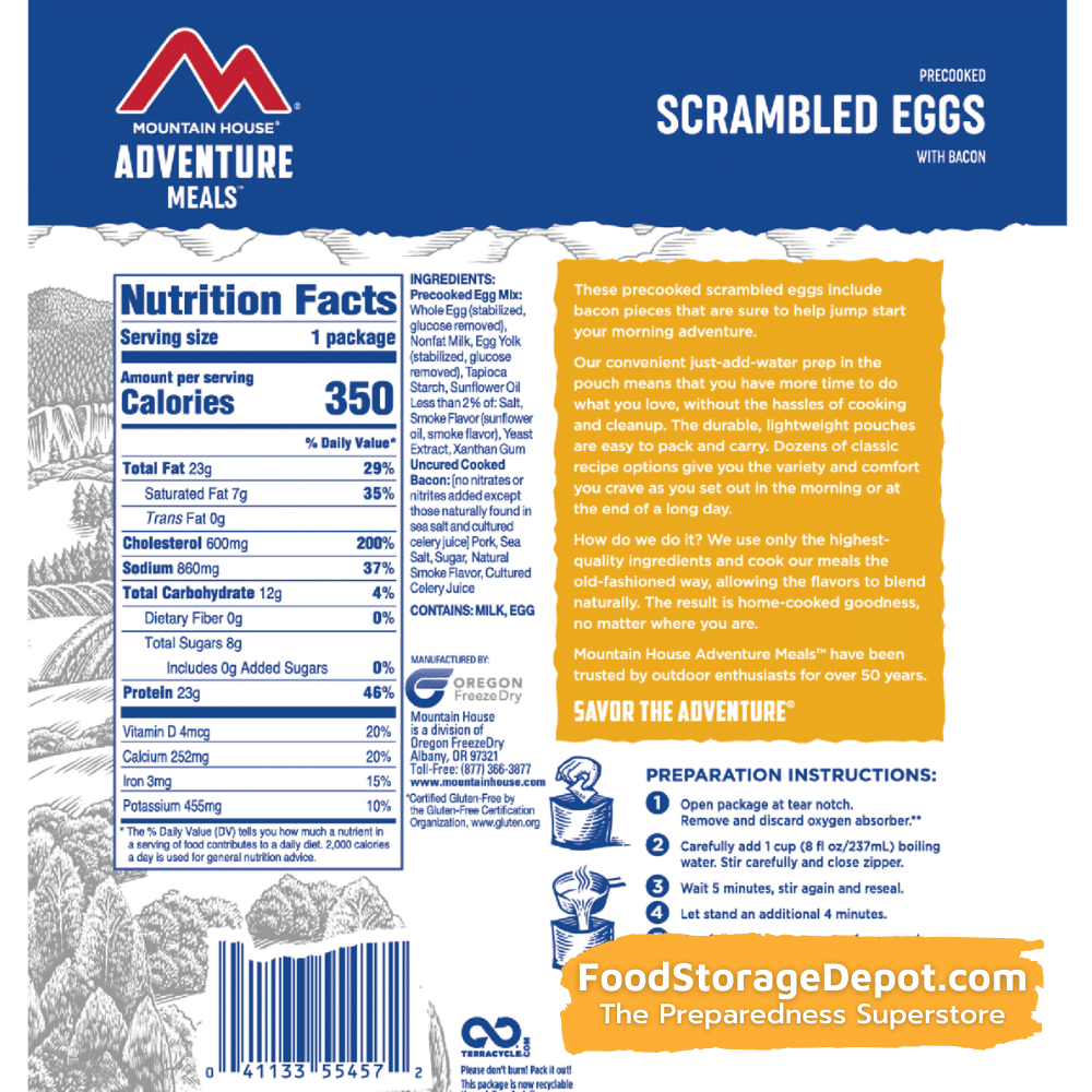 Freeze-Dried Scrambled Eggs with Bacon Pouch - Mountain House (GF) Gluten Free
