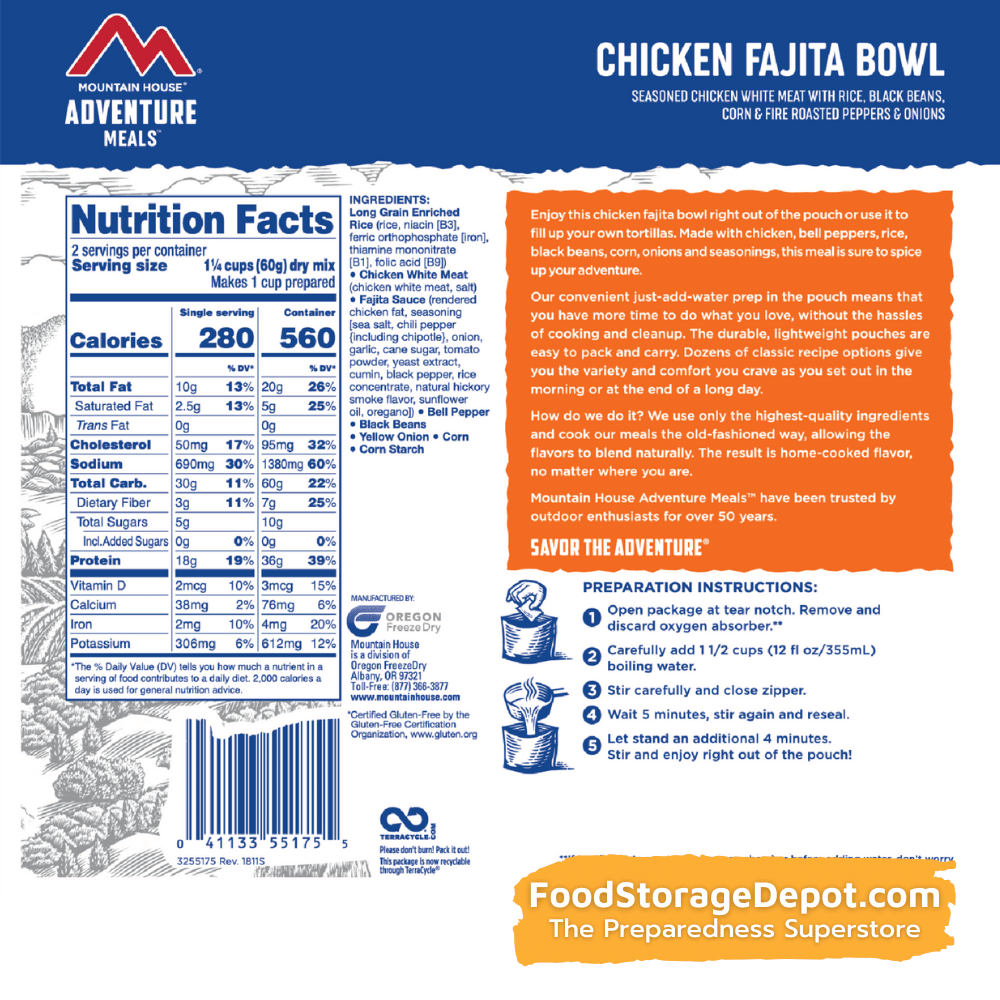 Freeze-Dried Chicken Fajita Bowl Pouch - Mountain House (GF) Gluten Free