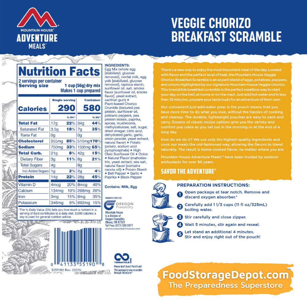 Freeze-Dried Veggie Chorizo Breakfast Scramble - Mountain House (GF) Gluten Free