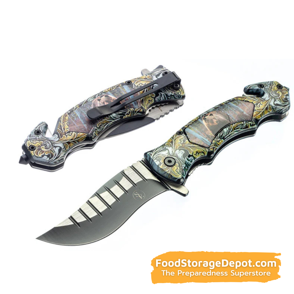 Emergency Pocket Knife with Window Breaker and Seat-Belt Cutter (4.75" Blade)