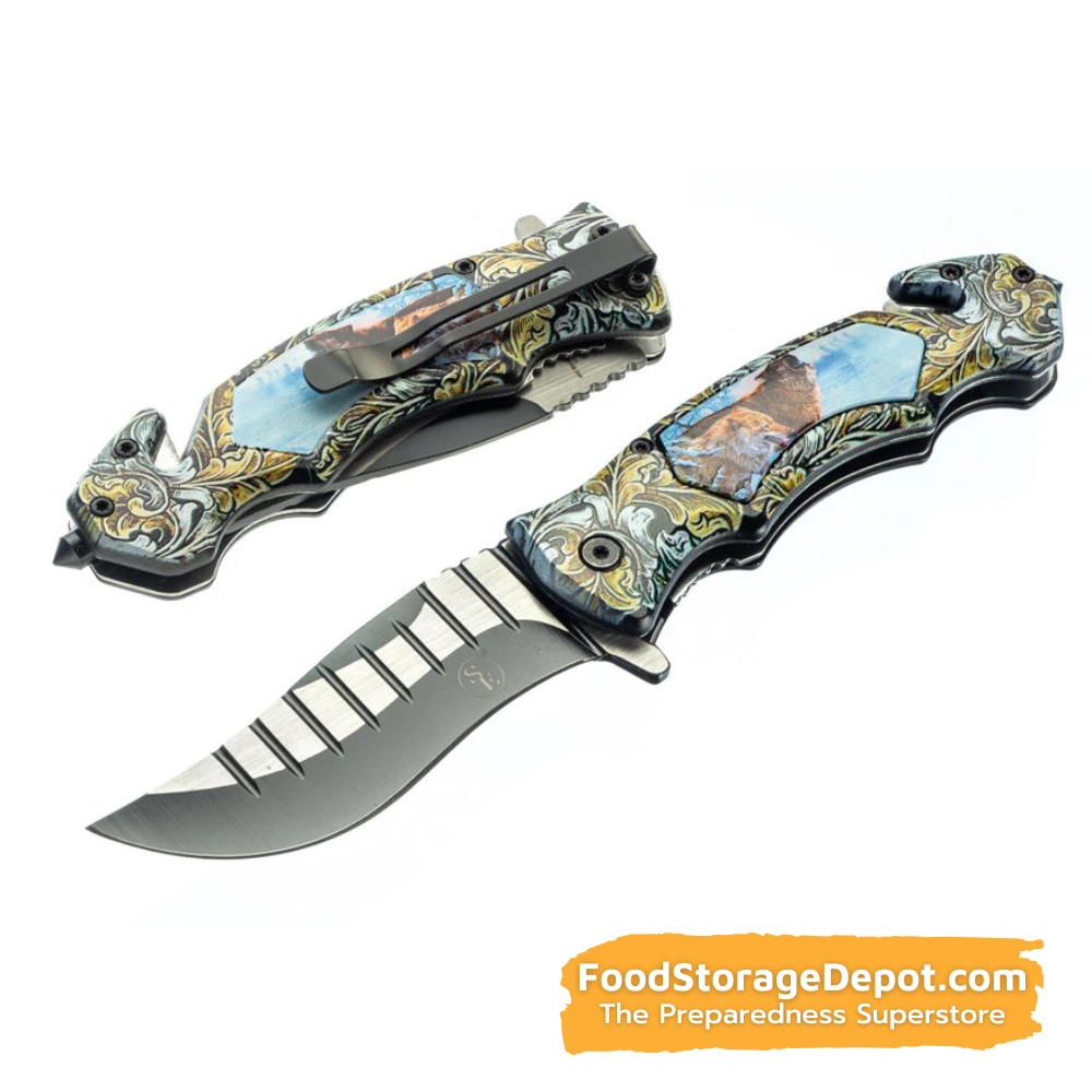 Emergency Pocket Knife with Window Breaker and Seat-Belt Cutter (4.75" Blade)