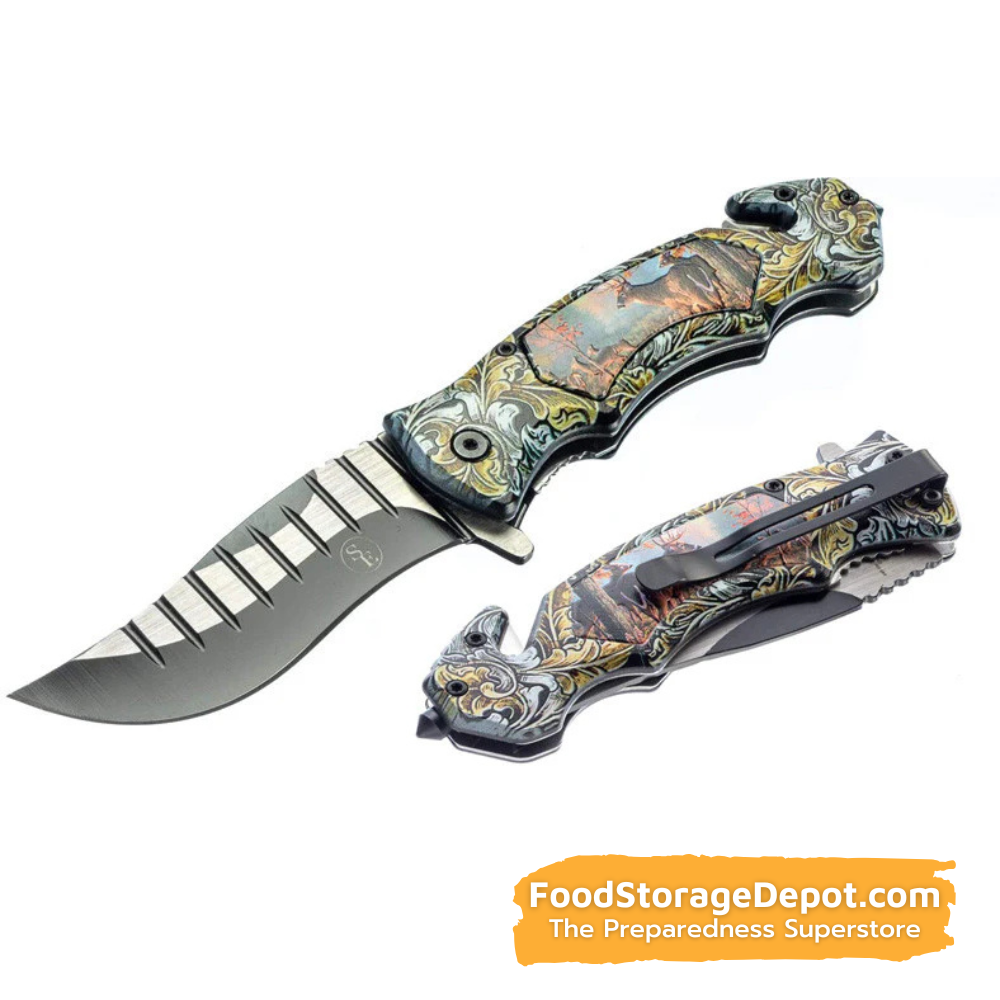 Emergency Pocket Knife with Window Breaker and Seat-Belt Cutter (4.75" Blade)