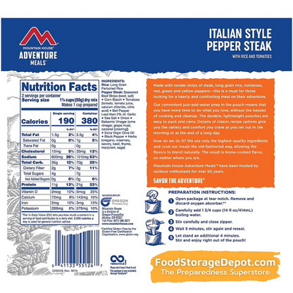 Freeze-Dried Italian Style Pepper Steak with Rice and Tomatoes Pouch - Mountain House (GF) Gluten Free