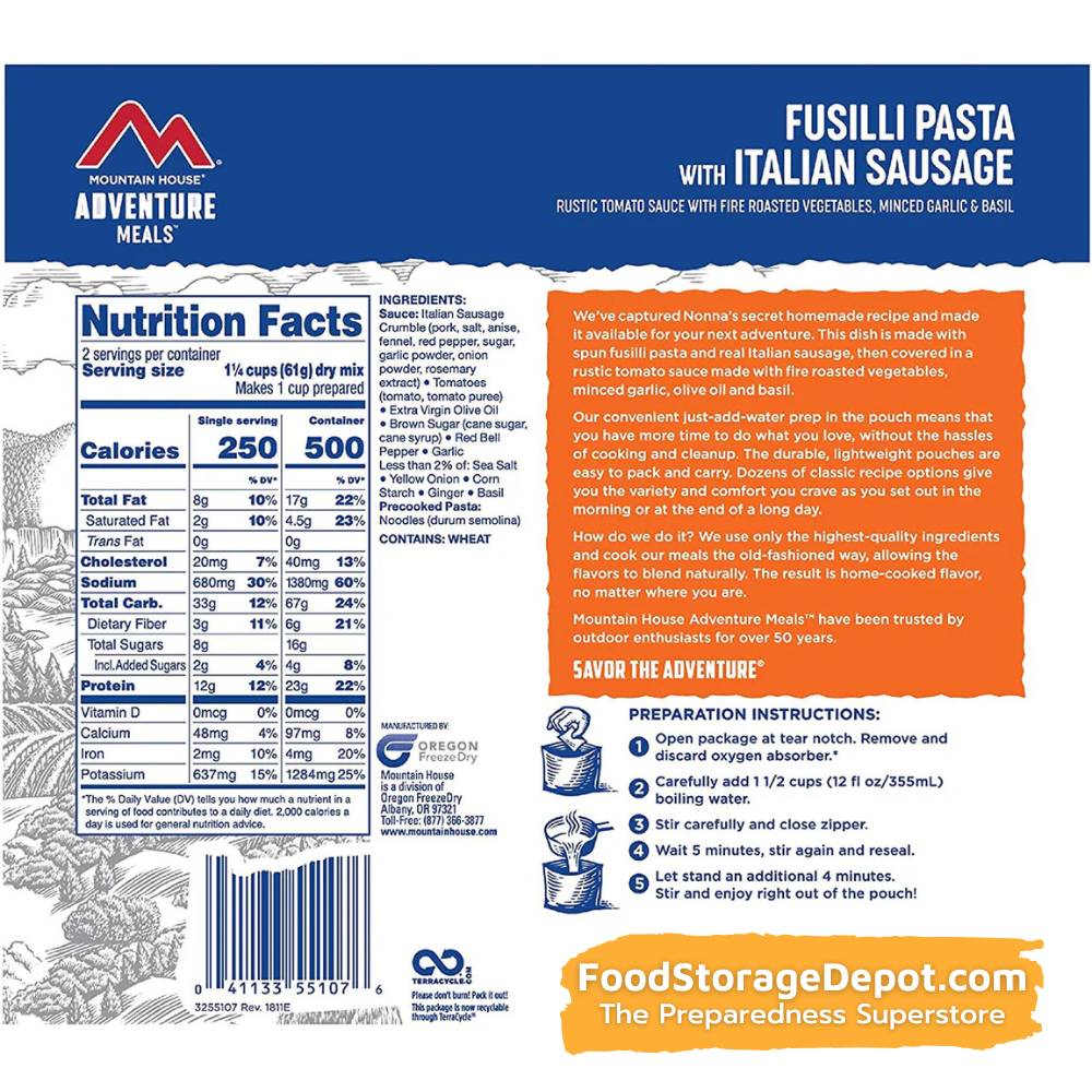 Freeze-Dried Fusilli Pasta with Italian Sausage Pouch - Mountain House