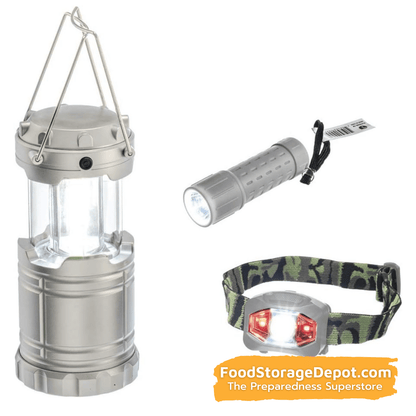 3-Piece Camping Light Set (Collapsible Lantern, Head Lamp & Flashlight)