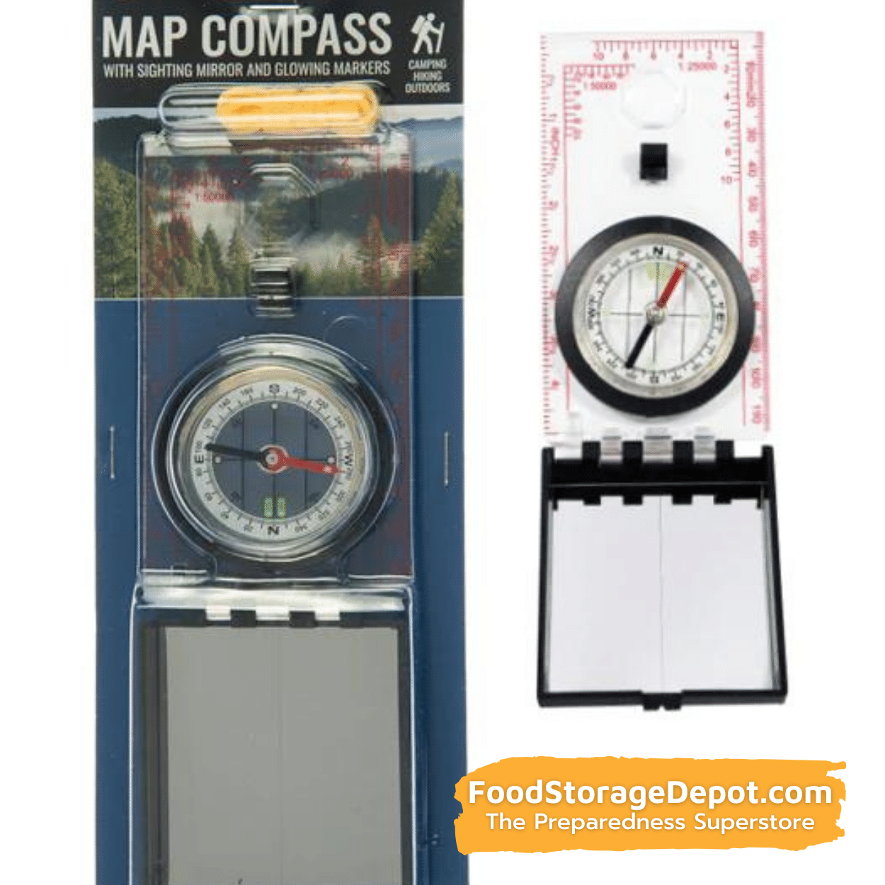 Compass with Sighting Mirror, Glowing Marker, and Lanyard