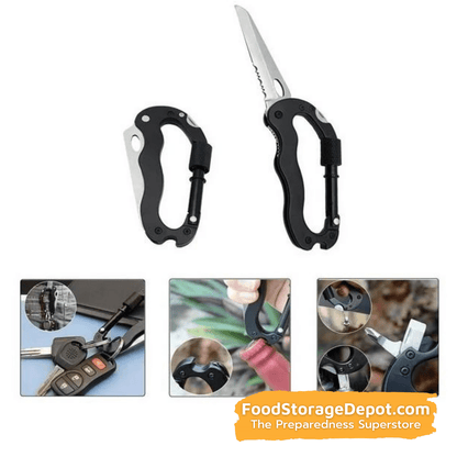 Locking Carabiner (4-in-1) w-Knife, Bottle Opener & Screwdriver Bits