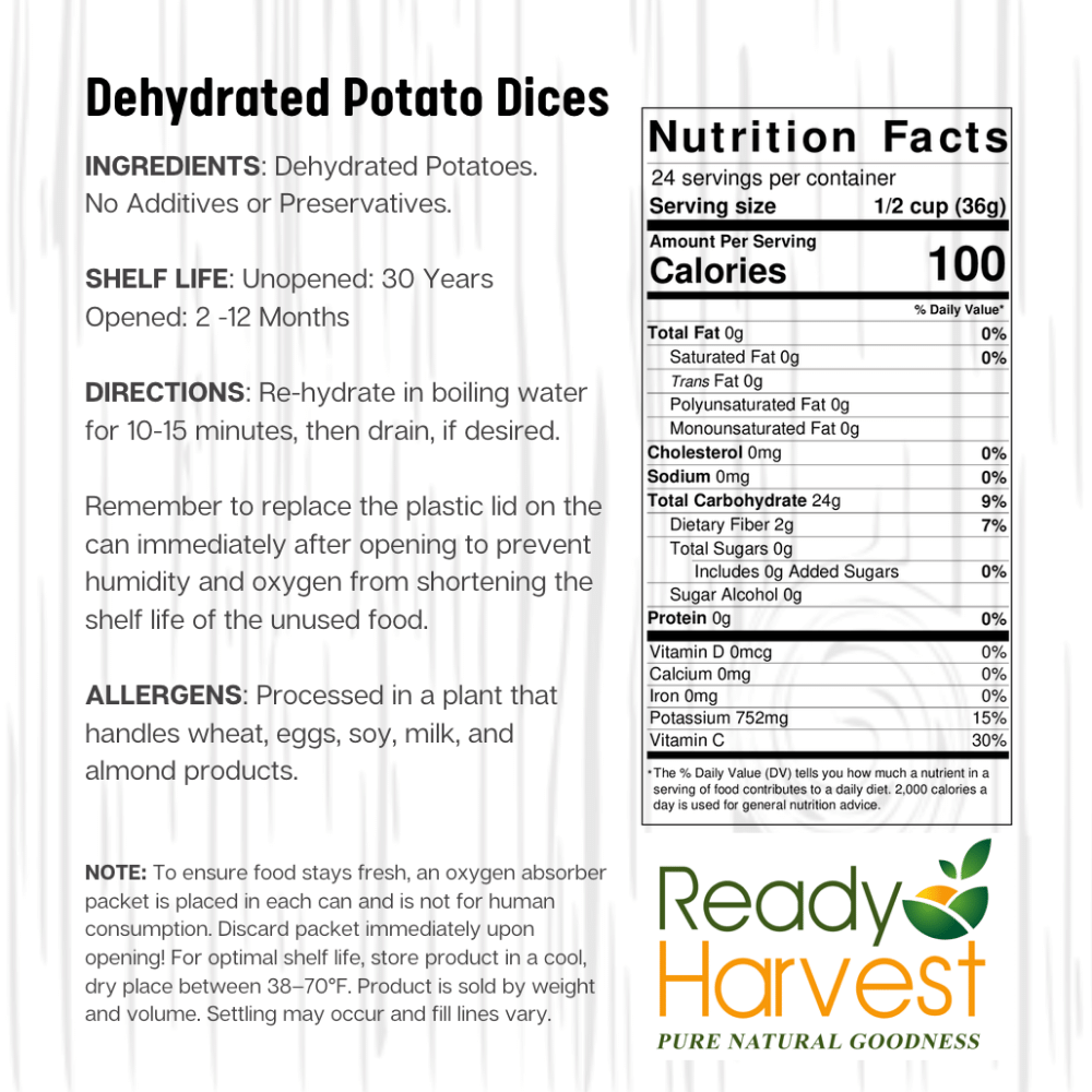Ready Harvest Dehydrated Potato Dices (30-Year Shelf Life!)