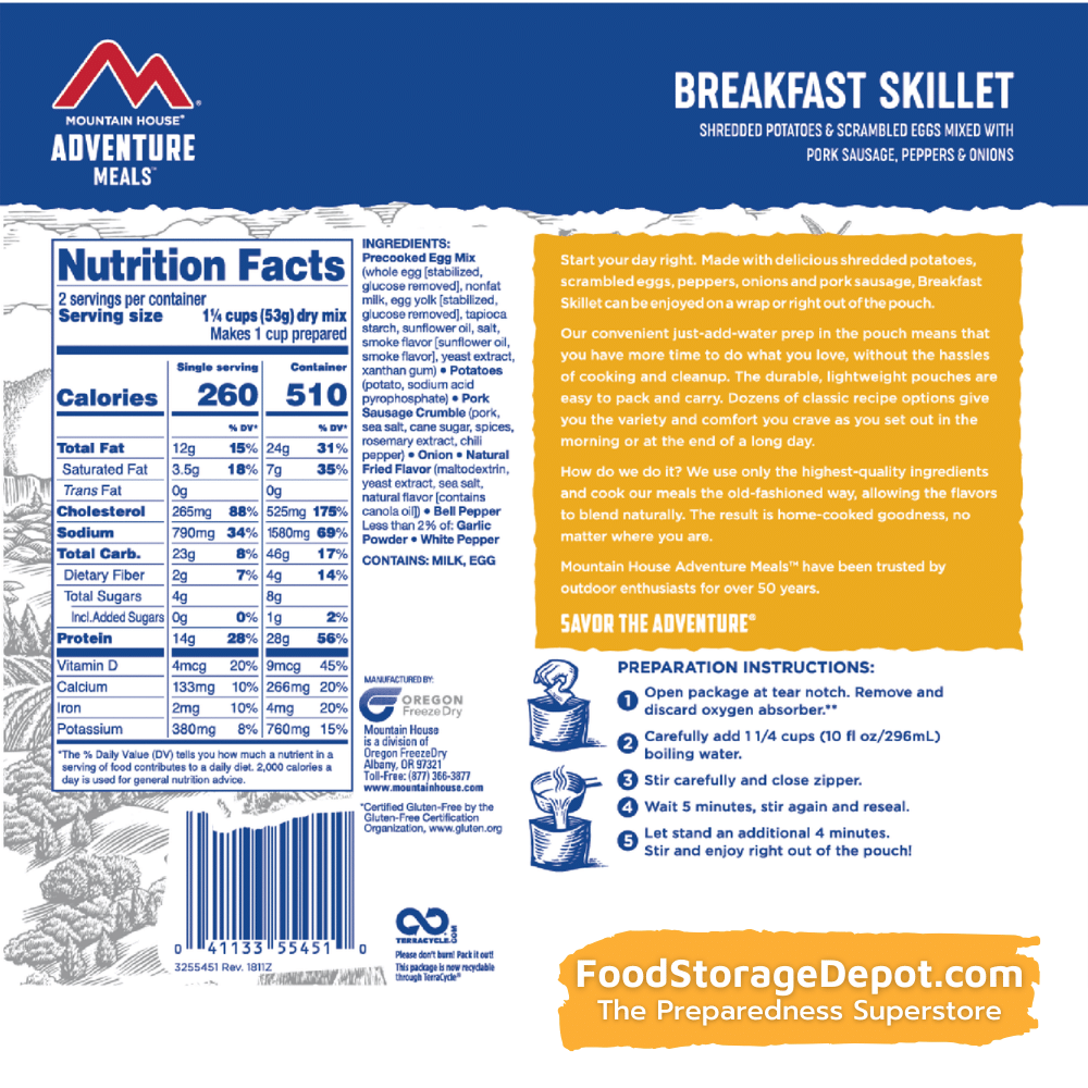 Freeze-Dried Breakfast Skillet Pouch - Mountain House (GF) Gluten Free